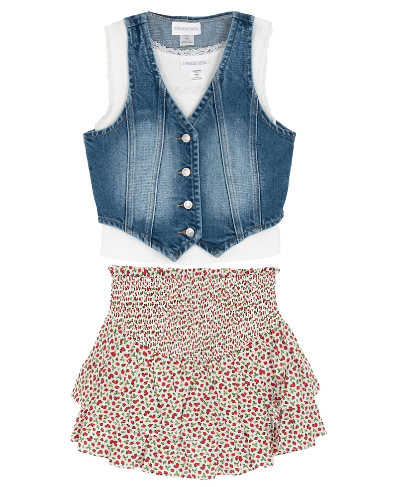Rare Editions Girls' 7-12 Denim Vest, Cami and Skort, 3-Piece Set