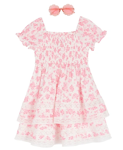 Rare Editions Girls' 2T-6X Printed Square Neck Smocked Dress with Sunglass