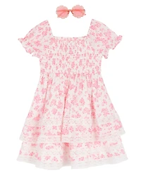 Rare Editions Girls' 2T-6X Printed Square Neck Smocked Dress with Sunglass
