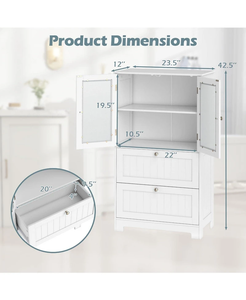Volenca Freestanding Bathroom Storage Cabinet with 2 Drawers and 2 Frosted Glass Doors