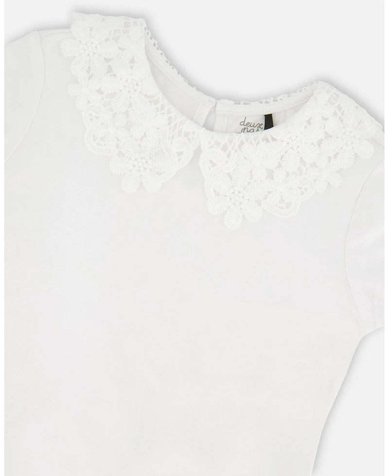 Deux par Deux Big Girls T-Shirt with Crochet Peter Pan Collar White