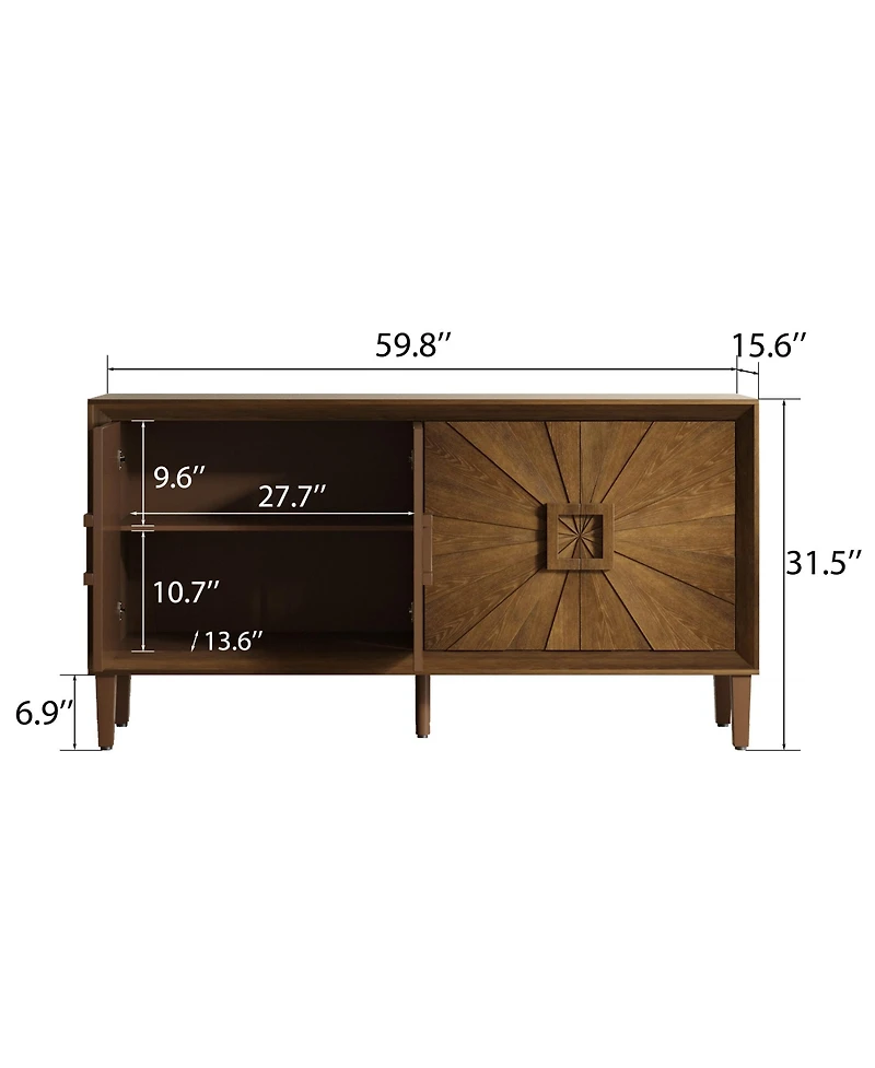 Boyel Living 60" Rustic Farmhouse Wood Credenza with Symmetrical Sunburst Doors