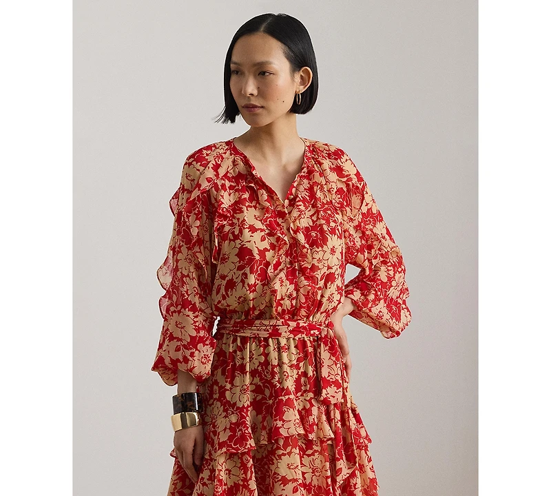 Lauren Ralph Women's Print Ruffle Trim Band Collar Tiered Dress