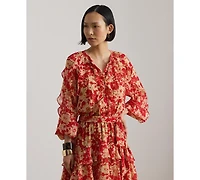 Lauren Ralph Women's Print Ruffle Trim Band Collar Tiered Dress