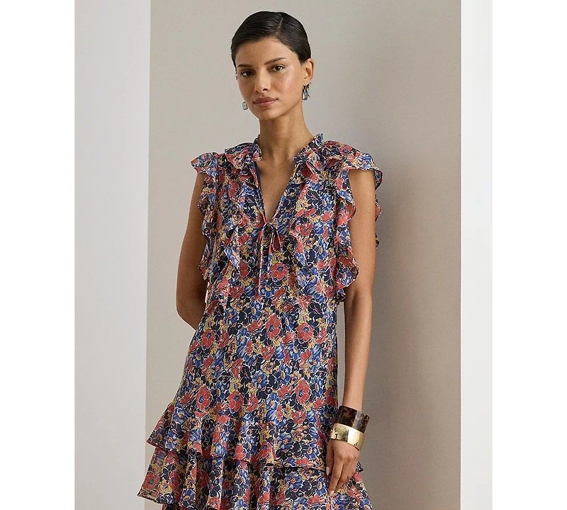 Lauren Ralph Women's Floral Ruffle Trim Split Neck Dress