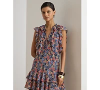 Lauren Ralph Women's Floral Ruffle Trim Split Neck Dress