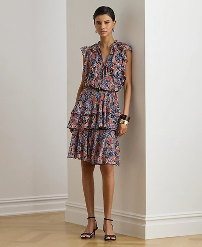 Lauren Ralph Women's Floral Ruffle Trim Split Neck Dress
