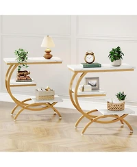 Tribesigns C-Shaped End Table Set of 2, Industrial 3-Tier Small Side Table for Couch, Wood Bedside Table Snack Side Table with Storage Shelves