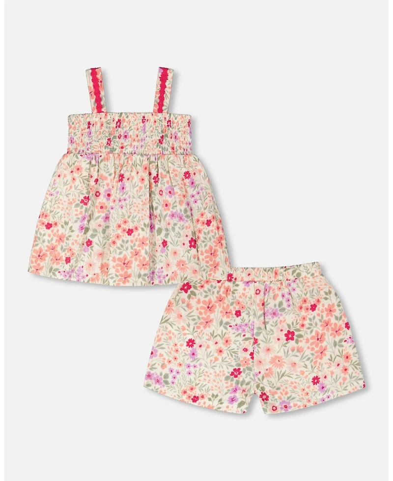Deux par Deux Big Girls Tank Top with Smocking and Shorts Set in Muslin Off White Printed Flowers