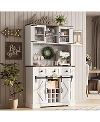 72 in Farmhouse Bar Cabinet with Sliding Barn Door, Tall Kitchen Buffet with Storage Hutch and 3 Drawer, Rustic Coffee Wine Bar Sideboard with Wine &