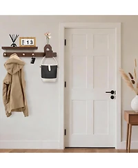 Yigii Solid Wood Coat Rack with 4 Copper Hooks, Shelf & Flower Holder