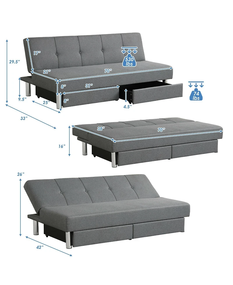 Slickblue Convertible 3-Seat Sofa Bed with 2 Large Drawers and 3 Angles