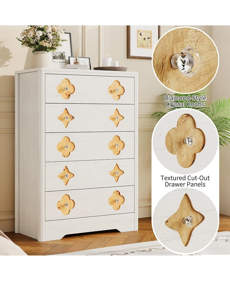 gaomon Fluted 5-Drawer Tall Dresser for Bedroom, 42.9" Wooden Chest of Drawers with Storage