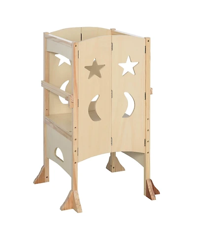 Flynama Wooden Kitchen Step Stool for Kids, Foldable Toddler Tower, Helper Stool for Kitchen Counter with Support Handles Safety Rail