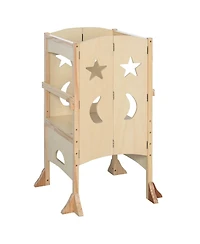 Flynama Wooden Kitchen Step Stool for Kids, Foldable Toddler Tower, Helper Stool for Kitchen Counter with Support Handles Safety Rail