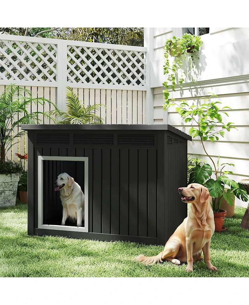 Decksplore 204 inclined top air pole kennel gray and black Durable Outdoor Kennel with Angled Roof for Optimal Drainage and Ventilation