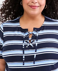 Style & Co Plus Size Striped Lace-Up Short-Sleeve Top, Macy's Exclusive