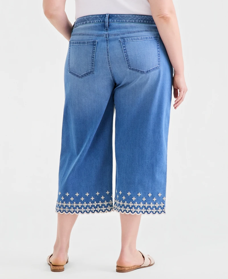 Style & Co Plus Embroidered Scalloped High Rise Wide-Leg Crop Jeans, Macy's Exclusive