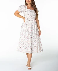 Celebrity Pink Juniors' Textured Floral Printed Puff-Sleeve Midi Dress