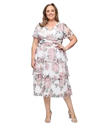Sl Fashions Plus Printed V-Neck Tea Length Dress