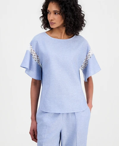 Anne Klein Women's Linen-Blend Flutter-Sleeve Lace-Trim Top