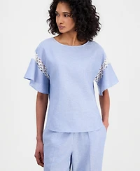 Anne Klein Women's Linen-Blend Flutter-Sleeve Lace-Trim Top