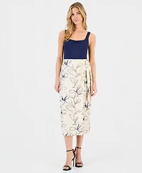 Anne Klein Women's Linen-Blend Embroidered Faux-Wrap Midi Skirt