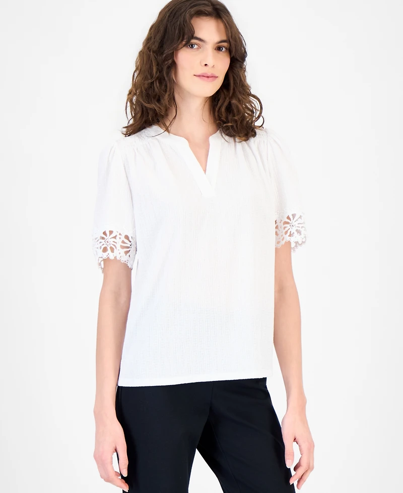 Anne Klein Women's Split-Neck Lace-Trim Top