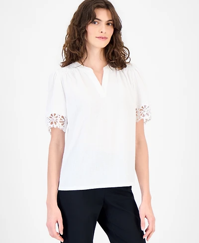 Anne Klein Women's Split-Neck Lace-Trim Top