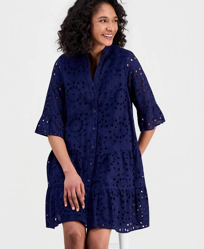 Anne Klein Women's Eyelet Embroidered Cotton Flare-Sleeve Shirtdress