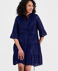Anne Klein Women's Eyelet Embroidered Cotton Flare-Sleeve Shirtdress