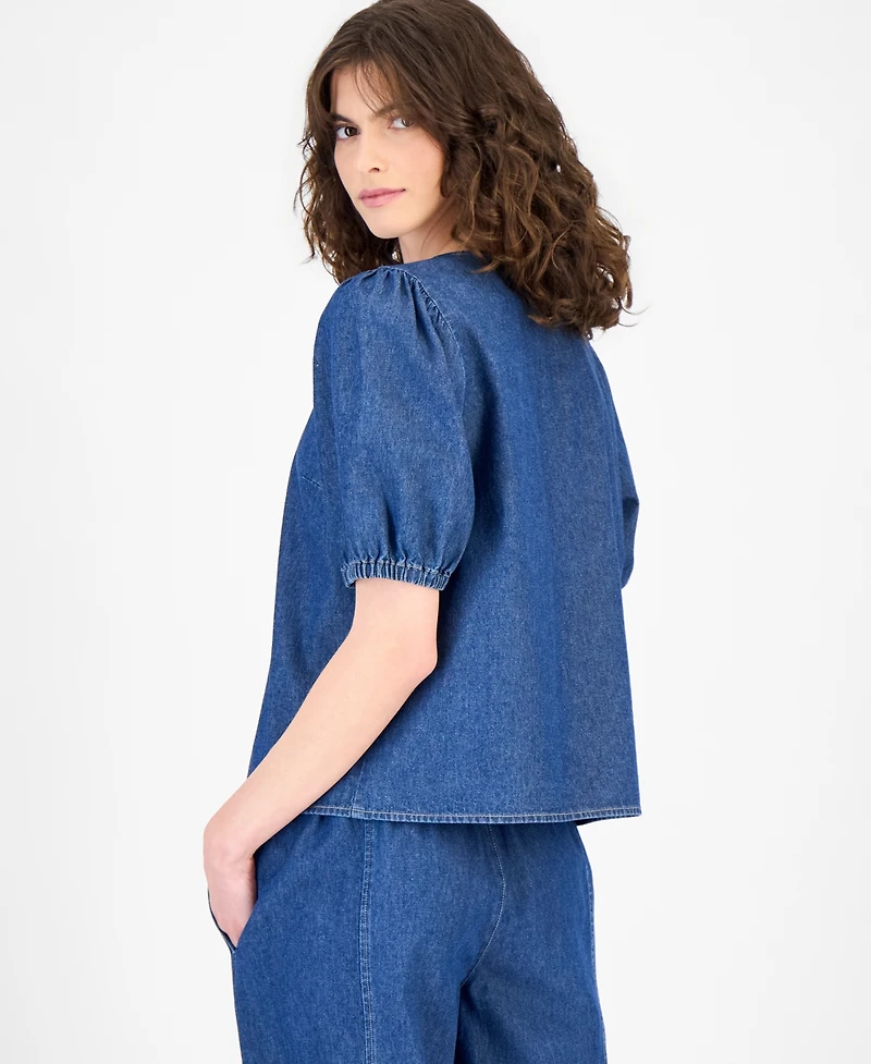 Anne Klein Women's Cotton Gathered Button-Front Denim Blouse