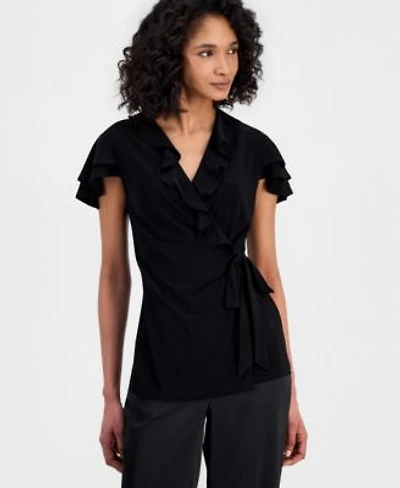 Anne Klein Womens Flutter Sleeve Wrap Top