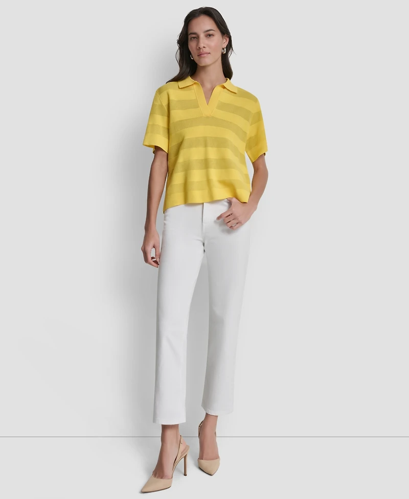 Dkny Women's Sheer Striped Collared Short-Sleeve Polo Shirt
