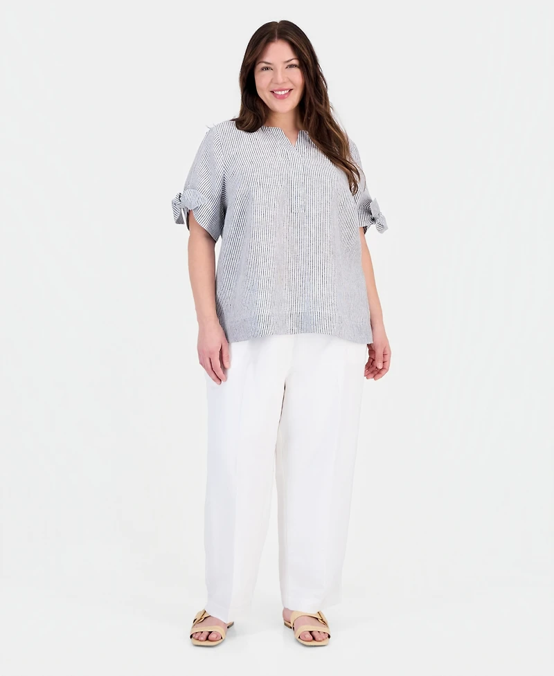 Charter Club Plus Beach Stripe Tie-Sleeve Linen Blouse, Macy's Exclusive