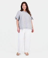 Charter Club Plus Beach Stripe Tie-Sleeve Linen Blouse, Macy's Exclusive