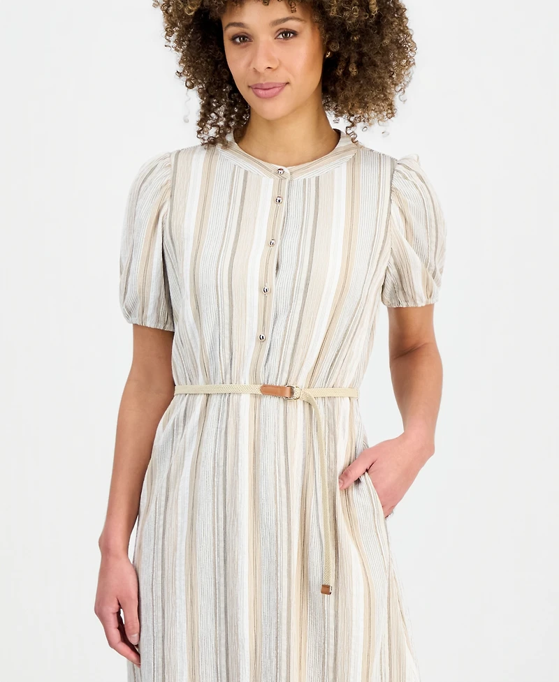 Kasper Women's Striped Puff-Sleeve Midi Shirtdress
