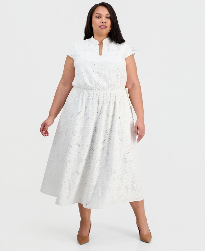 Kasper Plus V-Neck Cap-Sleeve Eyelet Dress