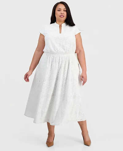 Kasper Plus V-Neck Cap-Sleeve Eyelet Dress