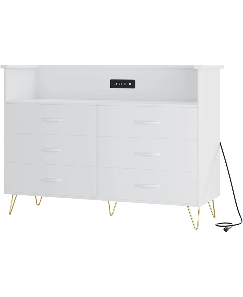 gaomon 6 Drawer Dressers for Bedroom,Dresser with Led Lights Power Outlet,6-Drawer Wooden Chest 2-Tier Open Shelf