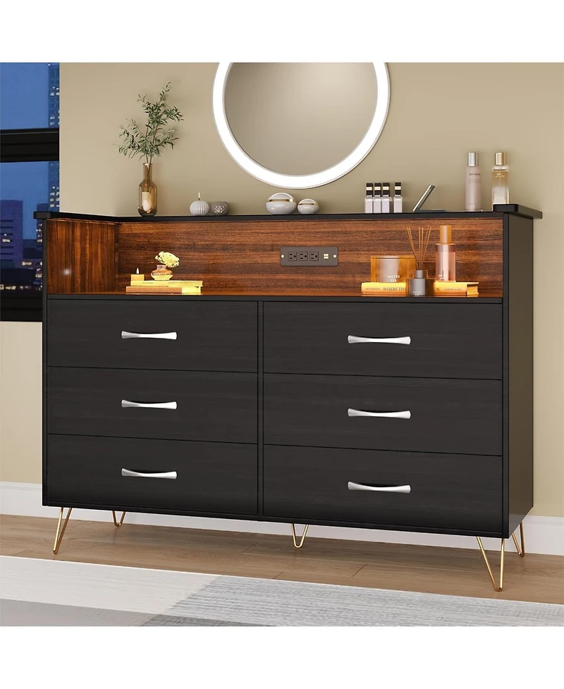 gaomon 6 Drawer Dressers for Bedroom,Dresser with Led Lights Power Outlet,6-Drawer Wooden Chest 2-Tier Open Shelf