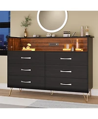 gaomon 6 Drawer Dressers for Bedroom,Dresser with Led Lights Power Outlet,6-Drawer Wooden Chest 2-Tier Open Shelf