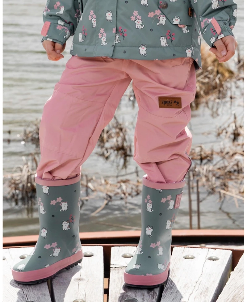 Deux par Little Girls Rain Boots Natural Rubber Green Cat Print