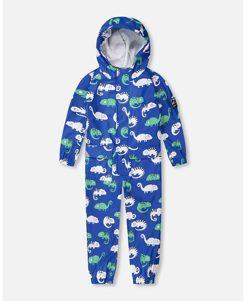 Deux par Toddler Boys Rain One-Piece Polyurethane Blue Chameleon Print