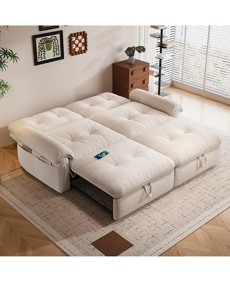 Boyel Living Multifunctional Sofa Bed, 77-inch Modern Velvet Fabric Convertible Sofa Couches, 2-in-1 Pull Out Sofa Bed with Usb Charger, Beige