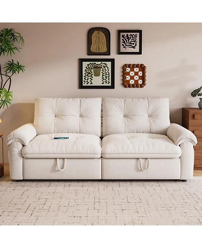 Boyel Living Multifunctional Sofa Bed, 77-inch Modern Velvet Fabric Convertible Couches, 2-in-1 Pull Out Bed with Usb Charger, Beige