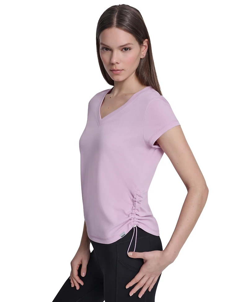 Dkny Sport Women's Ruched Side Seams V-Neck Tech T-Shirt