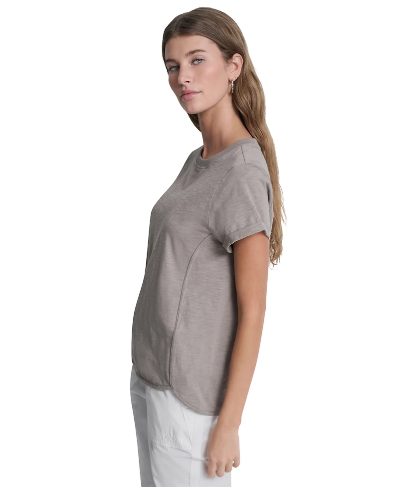 Dkny Sport Women's Embroidered Crewneck Logo Roll-Sleeve Top
