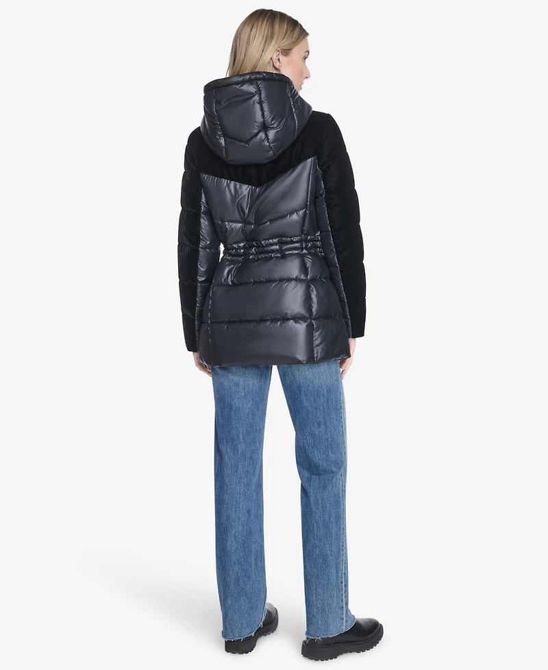 Women's Varna Velvet Mixed Quilted Puffer Jacket Within Attached Hood