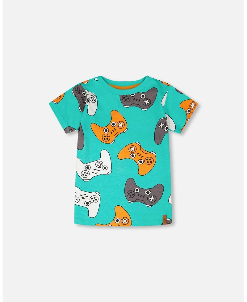 Deux par Big Boys ganic Cotton Jersey T-Shirt Blue Printed Gamepads